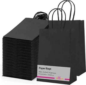 100 Pcs Paper Gift Bags 5.25x3.75x8 Black Small Paper Bags w Handles Bulk Black - Picture 1 of 3