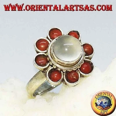 Anello in argento 925 ‰ adularia con pietra di luna tonda contornata di coralli - Immagine 1 di 3
