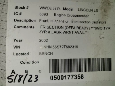 Crossmember/K-Frame Suspension Front Section Fits 00-02 LINCOLN LS 1960807 Foto 1 de 3