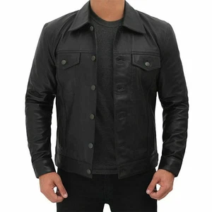 Men's Black Lambskin Leather Trucker Motorcycle Jacket - Picture 1 of 4