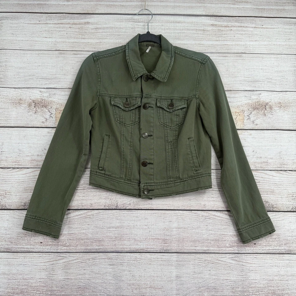 Free People состаренная военная джинсовая куртка женская 2 оливково-зеленая - Изображение 1 из 4