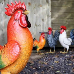 Chicken Red Black White Metal Garden Sculpture Lifelike Farmyard Cockerel Decor - Picture 1 of 9