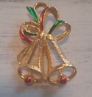 Vintage AAI Christmas Pin Brooch Bells Gold Red Green Holiday Estate Jewelry 
