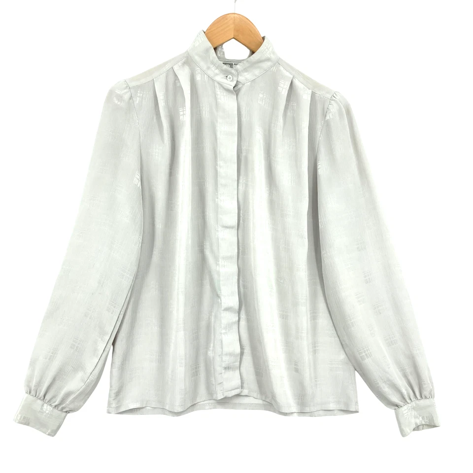 Blusa Vintage Anne Klein Gris Manga Larga Botón con Banda para el Cuello Talla 8 Hecha en Japón Foto 1 de 4