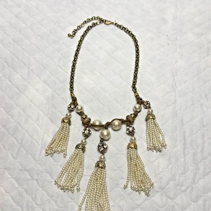 CHICO'S "Gale" Fringe Faux Pearl Bib Statement Necklace - Picture 1 of 12