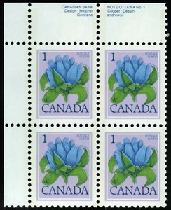 Canada sc#705 Floral : Bottle Gentian, UL CBN Plate Block N°1, Mint-NH - Picture 1 of 2