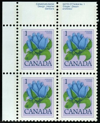 Canada sc#705 Floral : Bottle Gentian, UL CBN Plate Block N°1, Mint-NH - Image 1 of 2