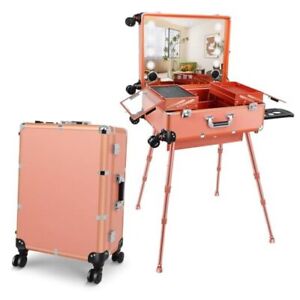 Aluminum Trolley Makeup Train Case with LED Light Professional Rose Gold