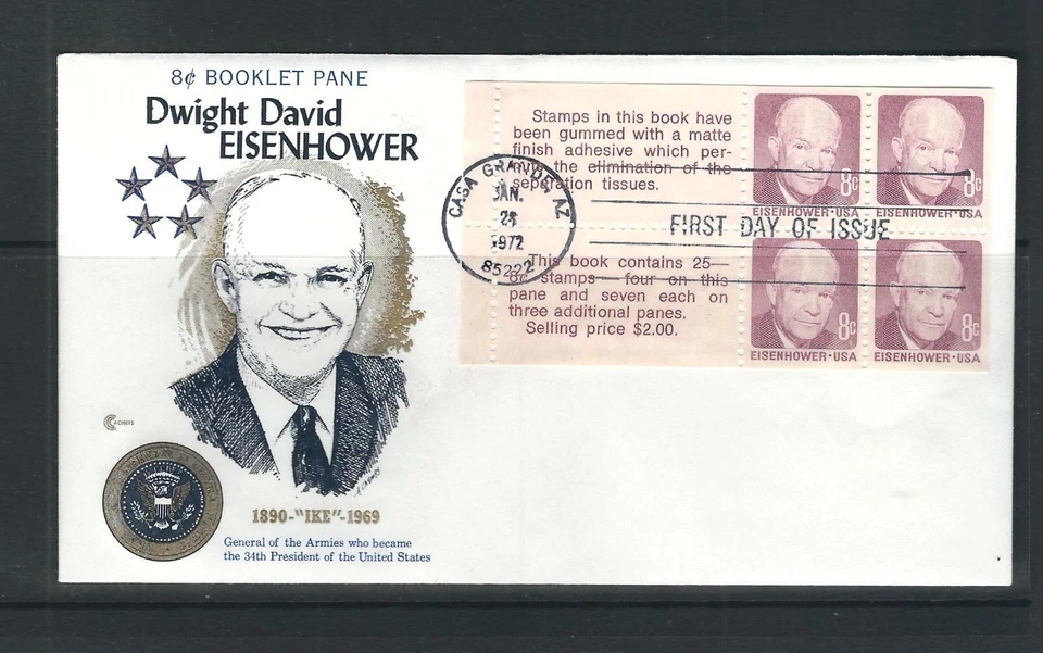 USA SC # 1395c Eisenhower Booklet pane of 4 plus 2 labels . cachet Craft - Image 1 of 1