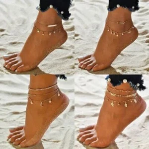 Gold Boho Ankle Bracelet Multi Layer Anklet Anklets Adjustable Chain Foot Beach - Picture 1 of 14