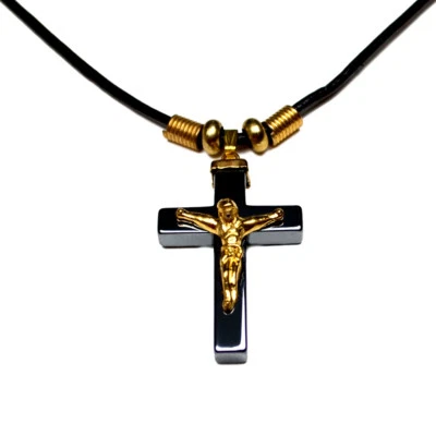 Accents Kingdom Men's Hematite Goldtone Crucifix Cross Pendant Leather Cord Neck - Image 1 of 3