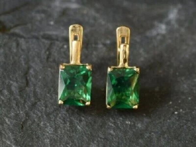 Solitaire Engagement Wedding Earrings 14K Yellow Gold Over 4Ct Simulated Emerald - Image 1 of 3
