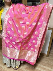 Pink GOLDEN India BANARSI Art Silk Dupatta Wrap Scarf Stole Chunri shawl NEW - Picture 1 of 8