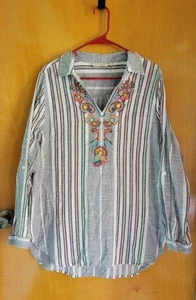 SOFT SURROUNDINGS Top Tunic Cotton Stripe Pockets Tab Sleeve Embroidered Sz XL - Picture 1 of 8