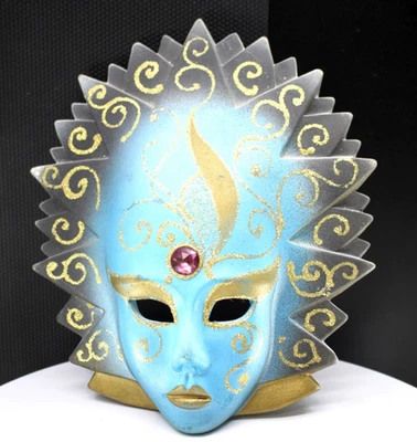 Mascarada Cerámica Colgante Pared Cara Azul Dorado Máscara 8" Decoración Foto 1 de 4