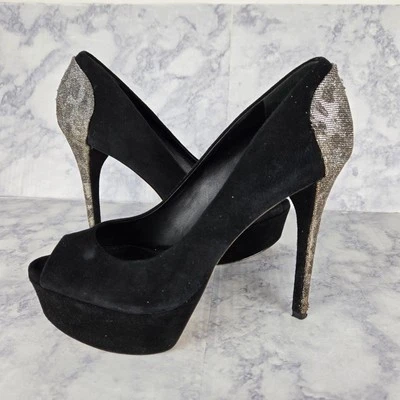 Brian Atwood Stiletto Heels Size 7.5 Black Suede Animal Print Platform Sexy Goth - Image 1 of 4