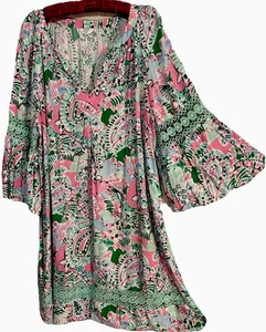 Crown & Ivy Dress 1X Pink And Green Flowy Rayon Boho Bell Sleeve Cruise Vacation - Picture 1 of 7