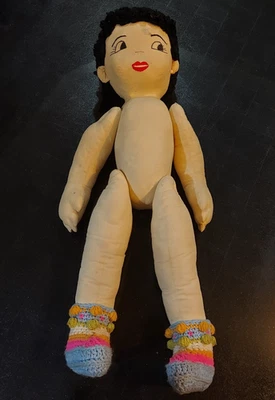 "Muñeca antigua primitiva de tela articulada hecha a mano 28"" cara bordada única en su clase" Foto 1 de 4