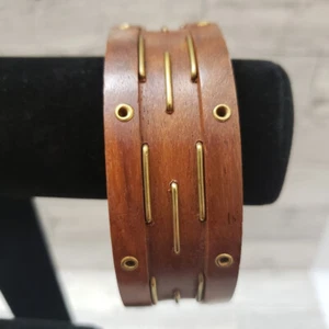 Wood Bangle Bracelet Brown Brass Copper Accents Boho Hippie Wide Chunky Bangle - Picture 1 of 5