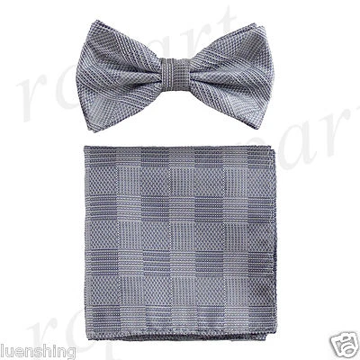 Nuevo conjunto de pajarita y pañuelo a cuadros preatados a cuadros para hombre fiesta formal graduación gris Foto 1 de 4