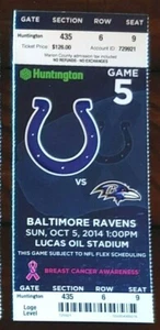 BIGLIETTO INDIANAPOLIS COLTS 2014 STUB v BALTIMORA CORVI - NUOVO DI ZECCA! - Foto 1 di 1