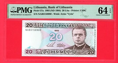 LITHUANIA  20  LITU  1993  NAB  PICK # 57a  PMG 64 CHOICE  UNCIRCULATED EPQ. - Image 1 of 2