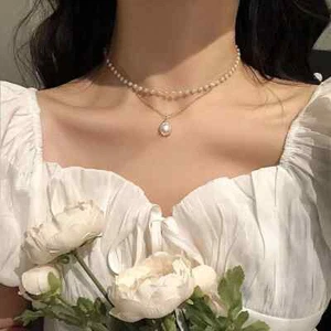 Nuevo Moda K-pop Perla Gargantilla Collar Lindo Doble Capa Cadena Colgante para W... - Imagen 1 de 13