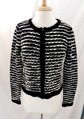 Kenar 女式 M 码黑色白色粗针织拉链前开衫羊毛混纺别致 — 第 1/4 张图片