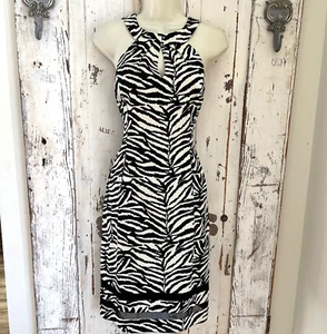 Kay Unger Sz 8 Womans Black Ivory Zebra Print Sleeveless Pocketed Sheath Dress - Picture 1 of 9