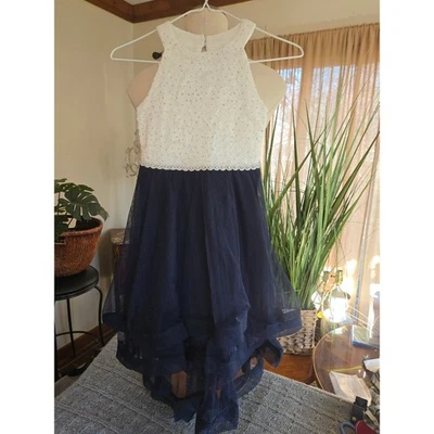 SPEECHLESS - Girls White Lace Beaded Navy Tulle Flower Girl Dress - Size 7 - Image 1 of 4