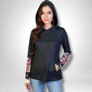 LuLaRoe Amber Small Black with Floral Sleeve Lightweight Hoodie Unicorn - Picture 1 of 5