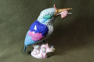 Herend Kingfisher With Fish Figurine #5168 Fishnet Green 5" - Picture 1 of 6