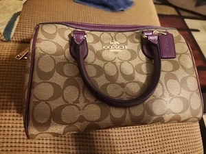 Coach Signature Carryall Satchel Bag Purple Plum Beige Brown Canvas & Leather - Picture 1 of 8