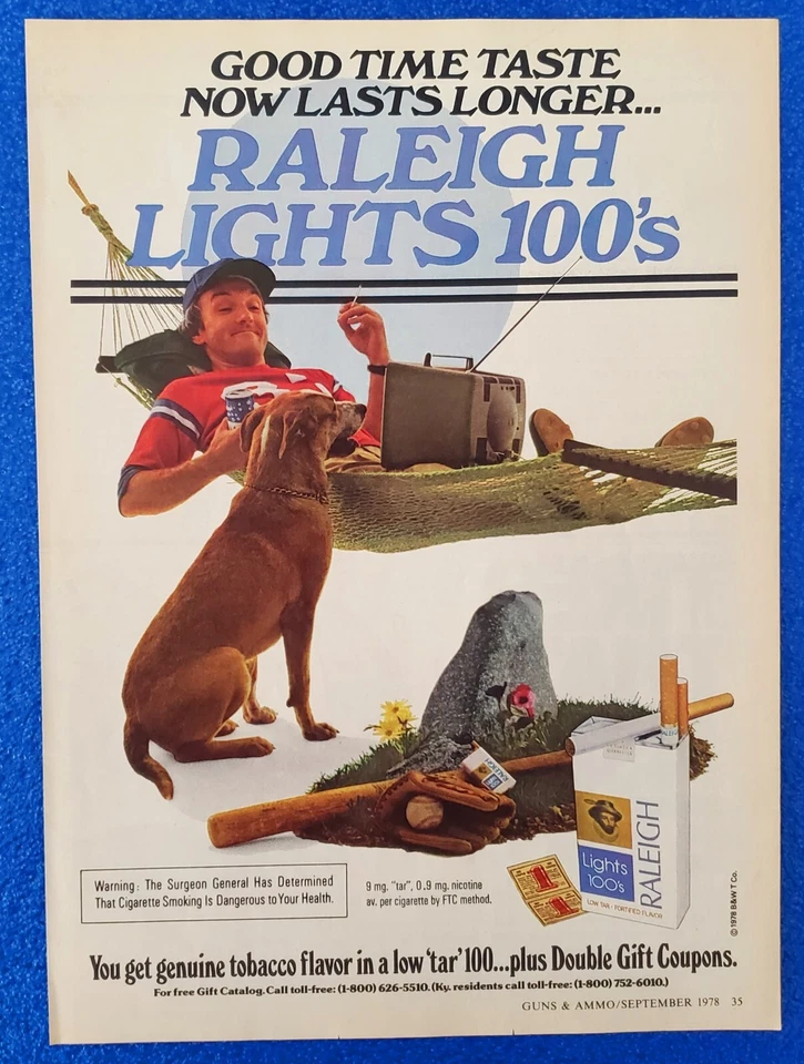 CLÁSICO 1978 RALEIGH LIGHTS CIGARRILLO AÑOS 100 ANUNCIO IMPRESO ORIGINAL "BUEN GUSTO A TIEMPO" Foto 1 de 1