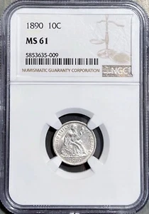1890 NGC MS61 Seated SILVER Dime Coin BRIGHT FLASHY LUSTROUS LOT #09 NR - Picture 1 of 5
