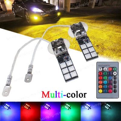 2Pcs H3 12SMD RGB Multi-Color LED Fog Light Bulbs White Car Fog Driving Lamp DRL - Image 1 of 4