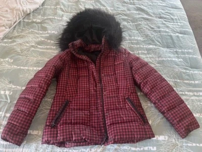 womens talbots small down red black checkered jacket coat faux fur hood - Image 1 of 4