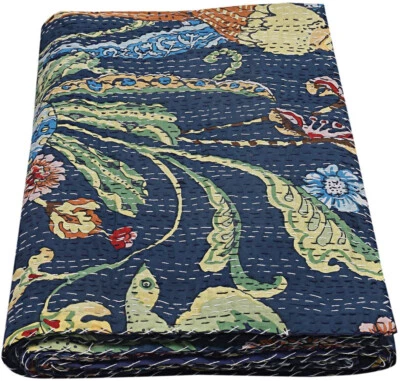 100%Cotton Kantha Quilt King Size Bedspread Handmade Blanket Navy Blue Bedcover - Image 1 of 4