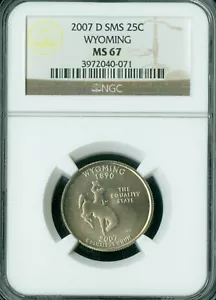 2007 D WYOMING QUARTER NGC MS67 PQ SMS . - Picture 1 of 2
