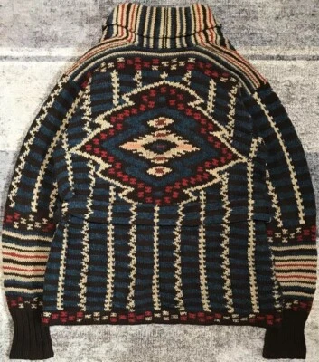 90s Vintage RRL Three Star Tag Native Check Hand Knit Cotton Wool Cardigan Gown - Image 1 of 4