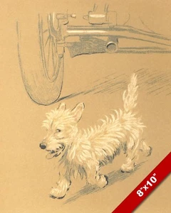 TERRIER BEHIND CAR PET PUPPY DOG ART CECIL ALDIN PAINTING PRINT ON REAL CANVAS - Picture 1 of 1