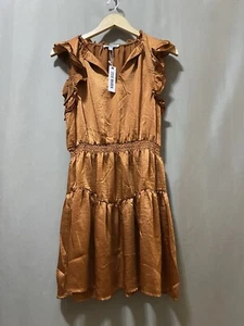 NWT STEVE MADDEN Women Ruffle Cap Sleeve Smocked Satin Mini Dress Size M Bronze - Picture 1 of 17