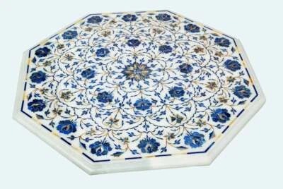 18" Marble corner Table Top floral inlay handicraft semi precious stones work - Image 1 of 2