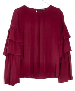 Madewell Women’s 100% Silk Ruffle Burgundy Blouse Sz Large $110 T2PM - Picture 1 of 9