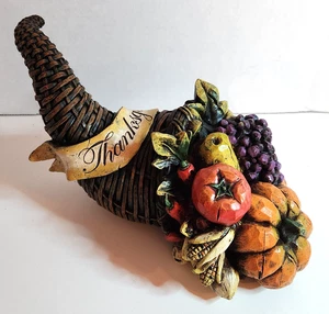 Resin Cornucopia Thanksgiving Fall Centerpiece Decor Pumpkins Fruit Leaves Veg - Picture 1 of 6