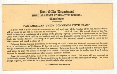 1940 USPOD STAMP ANNOUNCEMENT CARD FDC 895 PAN AMERICAN UNION STAMP - Image 1 of 2
