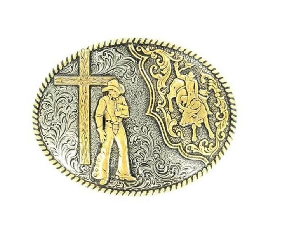 Crumrine Western Belt Buckle Rope Pray Cowboy Gold Silver C15102 - Image 1 of 1