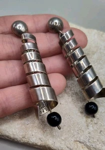 Orecchini pendenti vintage Messico argento sterling 925 onice nera spirale - Foto 1 di 13
