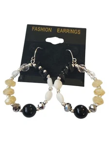 Dangle Hoop Earrings in Silver Tone with Black Tan & Gray Beads - Picture 1 of 1