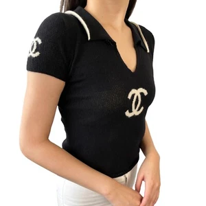 CHANEL Vintage 01C CC Mark Logo Knit Polo Top Short Sleeve Black White Cashmere - Picture 1 of 12